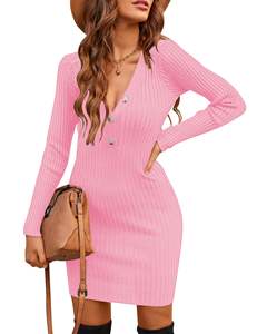 Robes mini <span class=keywords><strong>pull</strong></span> sexy à manches longues et col en V en tricot côtelé pour femmes - Product Image 6