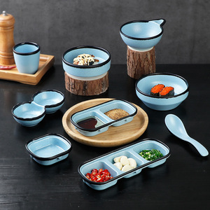 Juego de platos para salsa de soja, cerámica azul, cuencos divididos para restaurante, vajilla de mesa con cuchara y bandeja - Product Image 1