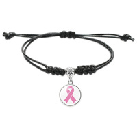 Sensibilisation au cancer du sein réglable en cuir noir pour hommes et femmes Bracelet à breloques en ruban rose Produit en gros