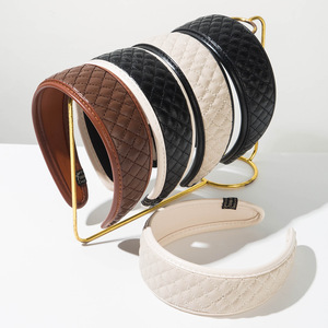 Ikat kepala kulit tepi lebar blok warna kain musim gugur dan musim dingin baru aksesori rambut cek berbentuk berlian Retro - Product Image 1