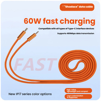 Kabel USB C ke C OEM 60W PD Pengisian Cepat, Jalinan Nilon Pipih, Anti Kusut, untuk iPhone, Samsung, Tablet, Grosir