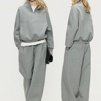 Ensemble de survêtement pour femme, sweat-shirt à demi-zip et pantalon large, 2 pièces, rose uni, décontracté, respirant, en coton French Terry, sport