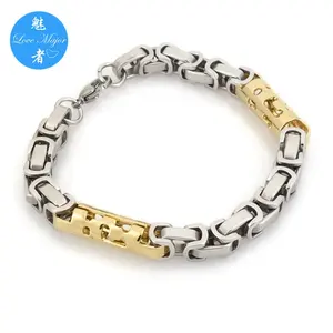 Stainless Steel Jewelry Bracelet for Men Gold Plated Chinese Lamp Design Byzantine Chain Two Tone