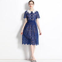 Nouvelle mode de haute qualité à manches courtes pour femmes, robe d'été élégante en dentelle bleue ajourée