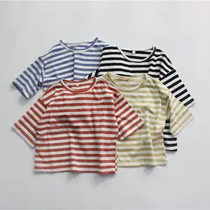 New Design Hot Selling Dropped Shoulder short Sleeve stripe Shirt 100% Cotton Boys simple Shirts kids t shirt summer