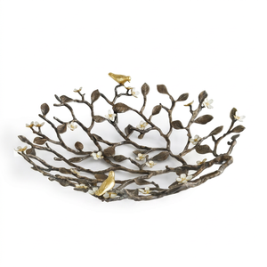 Cuenco decorativo de metal hecho a mano de primera calidad con diseño de ramas, patrón floral y pájaros dorados para decoración del hogar. - Product Image 1