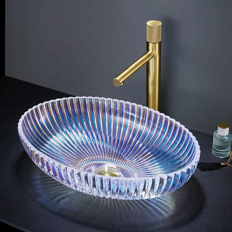 Colorful transpratent glass vessel bathroom sinks modern oval table top sinks cristal wash basin lavabo cristal glass sink basin