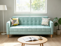 Canapé d'angle moderne deux places en tissu turquoise clair, design compact, pieds en bois clair, coussins décoratifs pour petits appartements