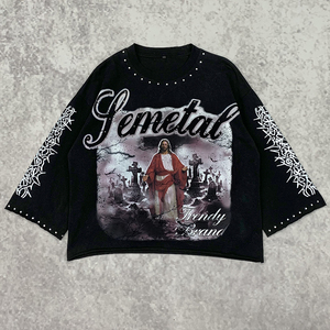 เสื้อยืดคอตตอน 100% ทรงบ็อกซี่ ไหล่ตก พิมพ์ลายดีไซน์เนอร์ประดับเพชร เสื้อยืดแขนยาวลายกราฟิกเนื้อหนาสำหรับฤดูร้อน - Product Image 1
