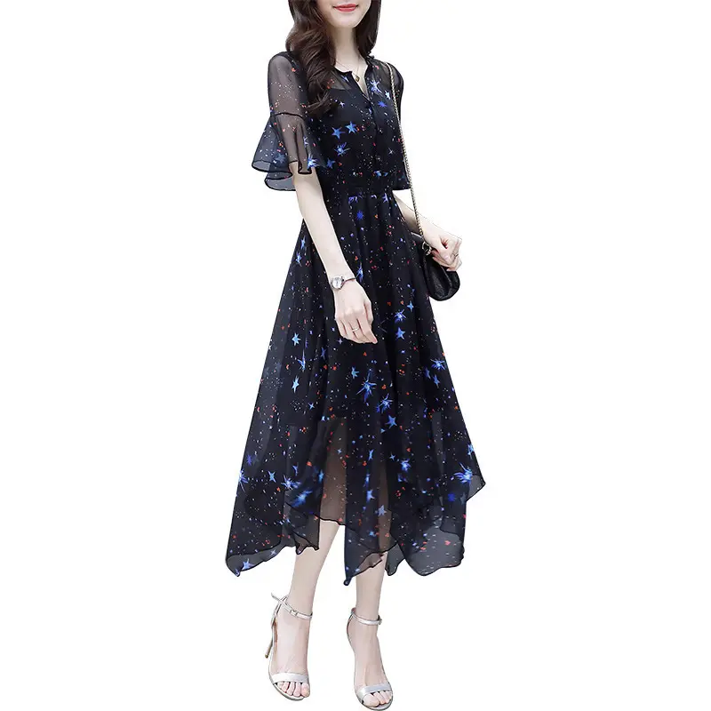 Gaun sifon panjang untuk wanita, Gaun panjang sifon gaya Korea modis untuk wanita dan wanita