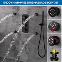 Système de douche noir mat Homedec avec pommeau de douche LED effet pluie, inverseur 3 voies, 4 jets latéraux, 2 poignées, en laiton et acier inoxydable, tête rectangulaire