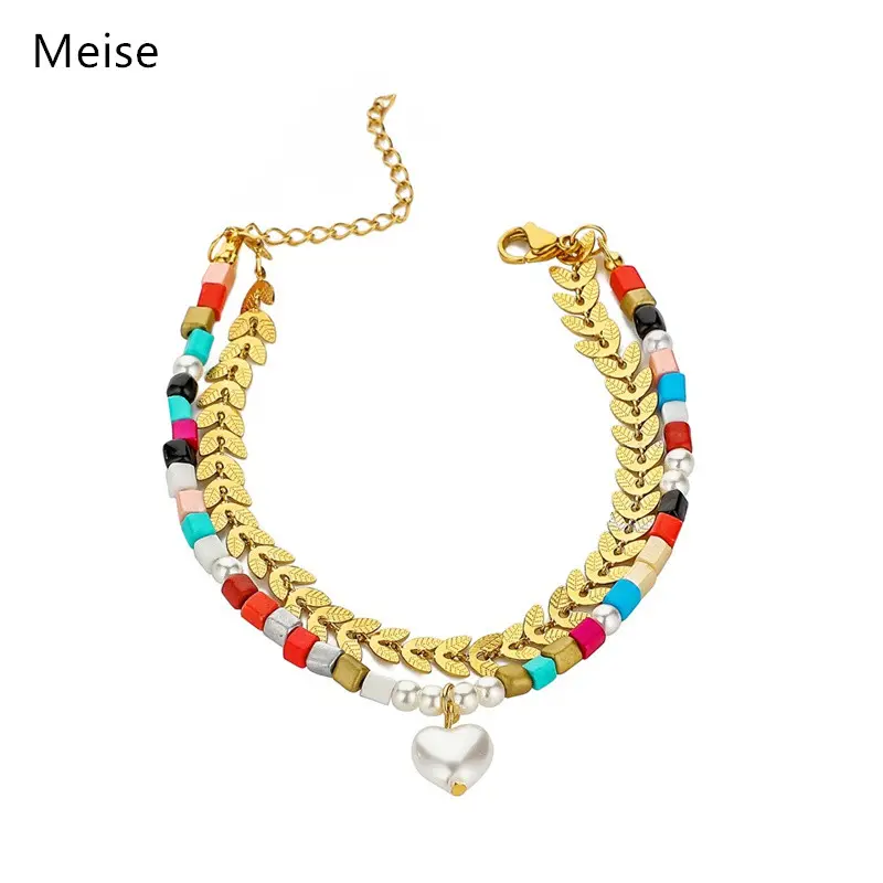 Yiwu Meise bohémien colorato braccialetto di perline elegante orecchio di grano perla cuore doppio strati in acciaio inox bracciale