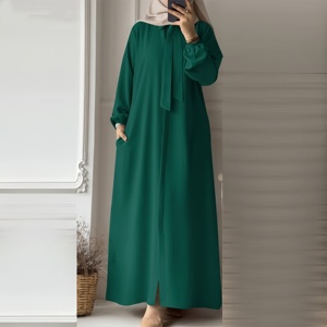 2024 mujeres musulmanas vestido de moda de manga larga pajarita cuello de solapa vestido de verano botón con bolsillos señora cárdigan suelto Maxi vestido - Product Image 1