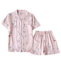 Setelan piyama Satin Rayon musim panas wanita celana pendek lengan pendek bahan Modal kardigan sutra katun keren kerah ODM perlengkapan pakaian santai
