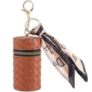 Pochette cylindrique en cuir tressé pour porte-clés, avec sangle décorative, mini porte-rouge à lèvres, breloque de sac, portefeuille portable, sac de rangement pour écouteurs et clés - Product Image 1