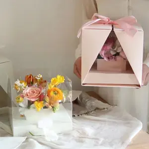 Disposizione portatile scatola di imballaggio in carta floreale decorazione floreale finestra aperta scatola di Bouquet di cartone trasparente per regalo