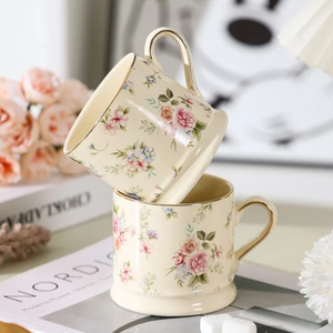 แก้วกาแฟเซรามิควินเทจลายดอกไม้สไตล์ยุโรป 290 มล. ทาสีทอง สำหรับดื่มน้ำชายามบ่าย อาหารเช้าที่บ้าน ของขวัญทางธุรกิจ ใส่นม ปลอดภัยสำหรับอาหาร - Product Image 2