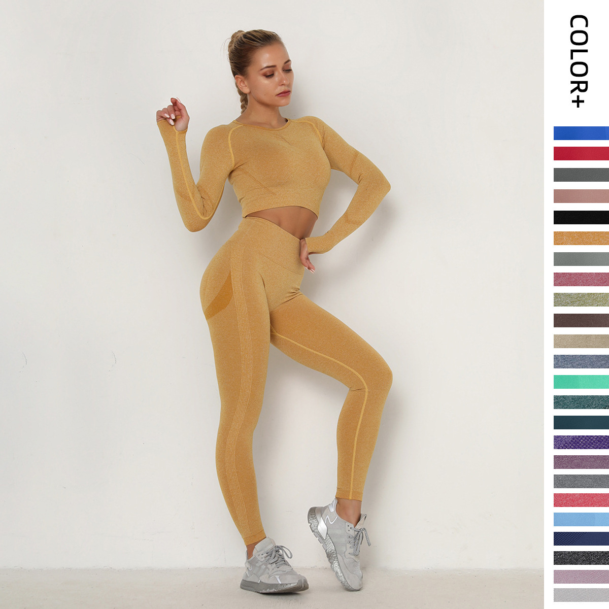 Women's Ruched Seamless Yoga Set - High-Waist Peach Hip Tight Long Sleeve Top & Leggings 2-Piece