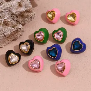 Fanhua Earring Colorful Enamel Shiny Cubic Zirconia Stainless Steel Heart Stud Earrings Exquisite High Quality Fashion Jewelry