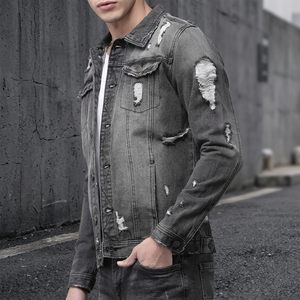 Men's Slim Fit Ripped <b>Denim</b> <b>Jacket</b> With Front Pockets Turn-down Collar Casual Autumn Style Cotton Washed Jean Coat - Product Image 3