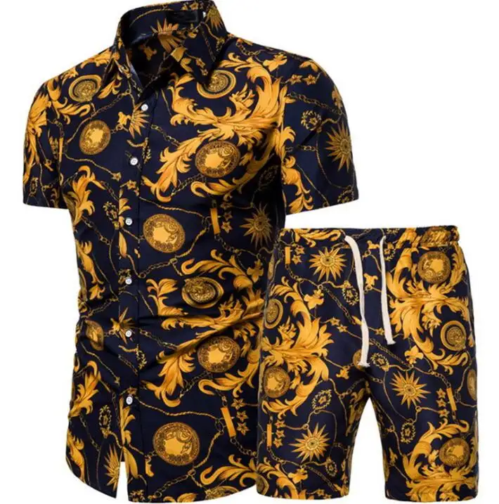 2021 summer new products men's short-sleeved shirt shorts two-piece Chinese style printed shirt set