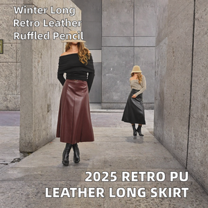Burgundy Faux Leather A-Line Midi <b>Skirt</b> High Waist Flare Belt Ruffles Breathable Solid Color Women's Streetwear Bottom for - Product Image 2