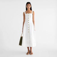 Robe midi pour femme, style bohème resort, col carré, sans manches, coupe trapèze, avec broderie à œillets et découpe laser blanche, fabrication sur mesure