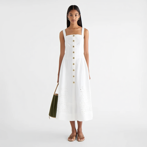 Robe <span class=keywords><strong>midi</strong></span> pour femme, style bohème resort, col carré, sans manches, coupe trapèze, avec broderie à œillets et découpe laser blanche, fabrication sur mesure - Product Image 5