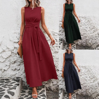 Robes de bureau pour femmes prêtes à être expédiées, longues, sans manches, à nouer à la taille, style A-line, maxi, élégantes, décontractées, pour les vacances