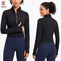 Veste de yoga personnalisée pour femme avec fermeture éclair 1/4, séchage rapide, coupe ajustée, haut court de course anti-transpiration, t-shirt d'entraînement athlétique avec trous pour les pouces