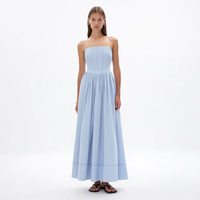 Gaun Maxi Wanita Model A-Line Lipit Mengembang dengan Tali Spaghetti Biru Muda, Korset Terstruktur, dan Pinggang Berkerut, Grosir Kustom