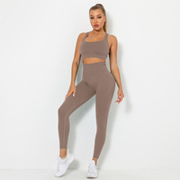 En gros, Ensemble de sport pour femme en tricot, taille haute, sans couture, avec soutien-gorge et legging, effet push-up fessier, pour yoga, gym et fitness