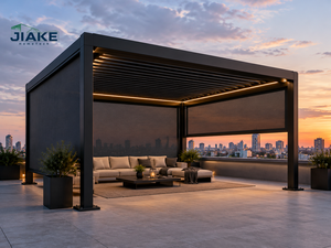 Pergola en aluminium noir à lames orientables avec stores motorisés coupe-vent sur trois côtés et bande LED pour terrasse et gazebo - Product Image 1