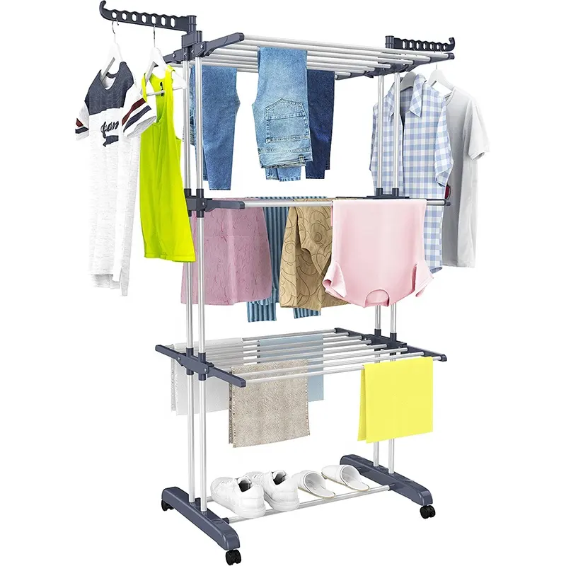 4-Tier Dobrável de Aço Inoxidável Roupa Cremalheira de Secagem, Secagem Rack de Roupas com Rodas para Ao Ar Livre Indoor, Secador de Roupa de Tamanho Grande