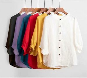 Chemises d'été en lin à manches bouffantes pour femmes, tuniques amples vintage, hauts décontractés à manches courtes, chemisiers féminins, t-shirts - Product Image 3