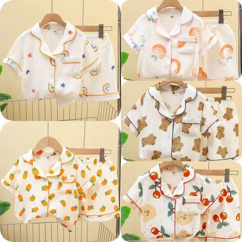 Ensemble de pyjama en satin pour enfants Pyjamas en soie boutonnés à manches courtes Pyjamas pour garçons Teddy Bear