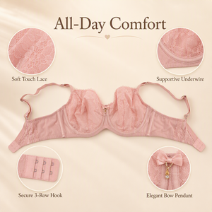 Soutien-gorge élégant rose en dentelle avec pendentif nœud, fermeture à 3 rangées de crochets, bretelles réglables et ailes respirantes en maille - Product Image 3