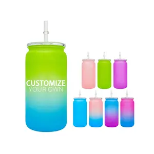 Reusable kids juice milk cups customized BPA free ombre colored 16oz plastic can with colorful pp lids for UV DTF wraps