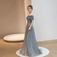 Robe de soirée bleu pétale de vigne à sequins, épaules dénudées, sans manches, coupe trapèze, ornée de perles, pour mariage et fête, fournisseur personnalisé, vente en gros