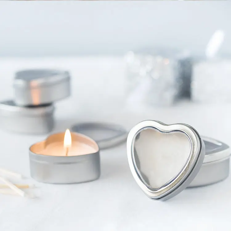 Romantic Silver Colour Window Small Metal Can Heart Shape Candle Tins