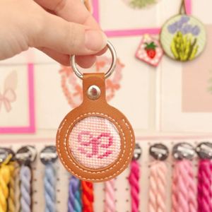 PU Leather Self-Finishing Round Key Fob Needlepoint <b>Keychain</b> Stocked Colorful Needlepoint Case - Product Image 3