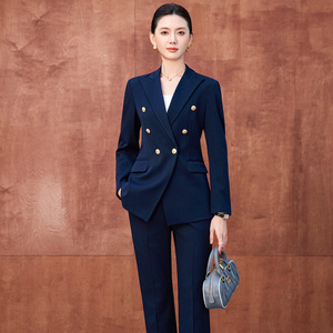 Women's Double Breasted Suit Set Navy Blue Three Quarter Sleeve Formal Workwear Anti-Wrinkle Wool Blend Commuting Style - Product Image 4