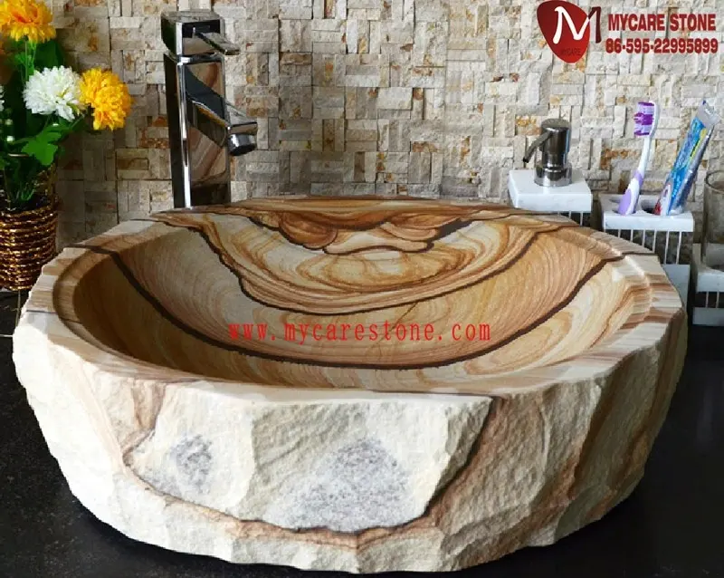 Bathroom Luxury wooden yellow sandstone basin