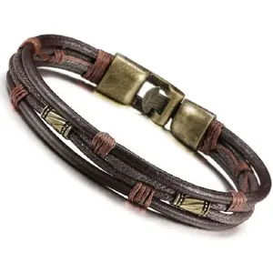 Mens Braided Leather Bolo Cord Bracelet - Antique Brown 4 Wrap