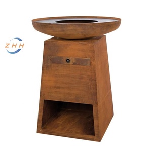 Brasero haut avec compartiment pour le stockage du bois. Métal brun rouille. Facile à nettoyer avec des tiroirs, nécessite un assemblage. - Product Image 3