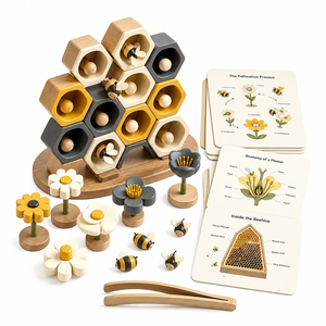 Juego de juguete de colmena de abejas de madera Montessori personalizado, juego de construcción de polinización de flores para niños con tarjetas de aprendizaje, biología de la naturaleza, cognición - Product Image 1