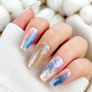 <span class=keywords><strong>Uñas</strong></span> Postizas de Gel con Degradado Azul Manchado, Purpurina Plateada y Dorada, 28 Piezas, <span class=keywords><strong>Uñas</strong></span> Postizas de Ataúd Largas, Reutilizables - Product Image 1