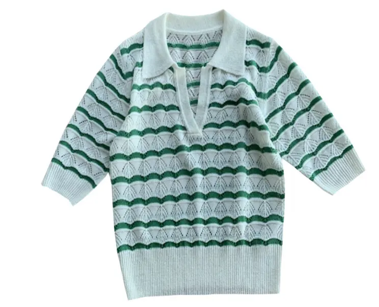 Summer New Green Stripe V-Neck Pullover Thin and Hollowed-Out Short-Sleeve Women's Polo Knitwear for Casual Style