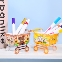 Boîte de rangement pour stylos en acrylique personnalisée en gros, motif de dessin animé, durable, boîte de rangement pour stylos gel, forme de chariot de courses, poussoir-tiroir