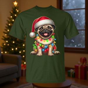 Camiseta con diseño de perro Pug, luces navideñas, gorro de Papá Noel, regalo navideño para amantes de los perros - Product Image 3